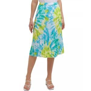 Calvin Klein Pleated Midi Skirt Tie Dye Blue Multi Boho Artsy Chic Retro Size L